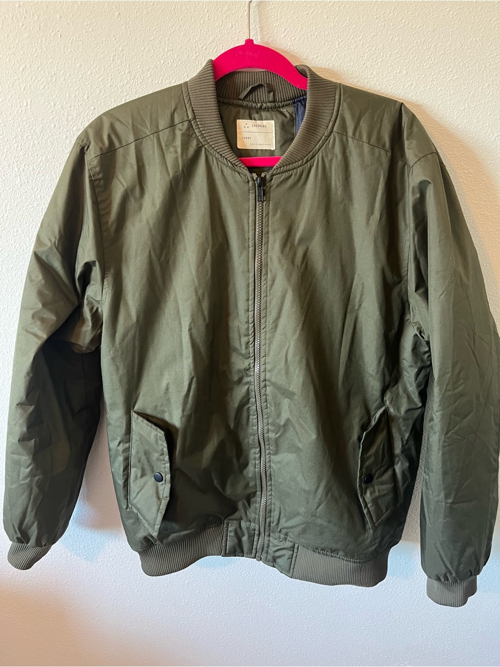 Men's Olive Bomber Jacket with Ribbed Trim